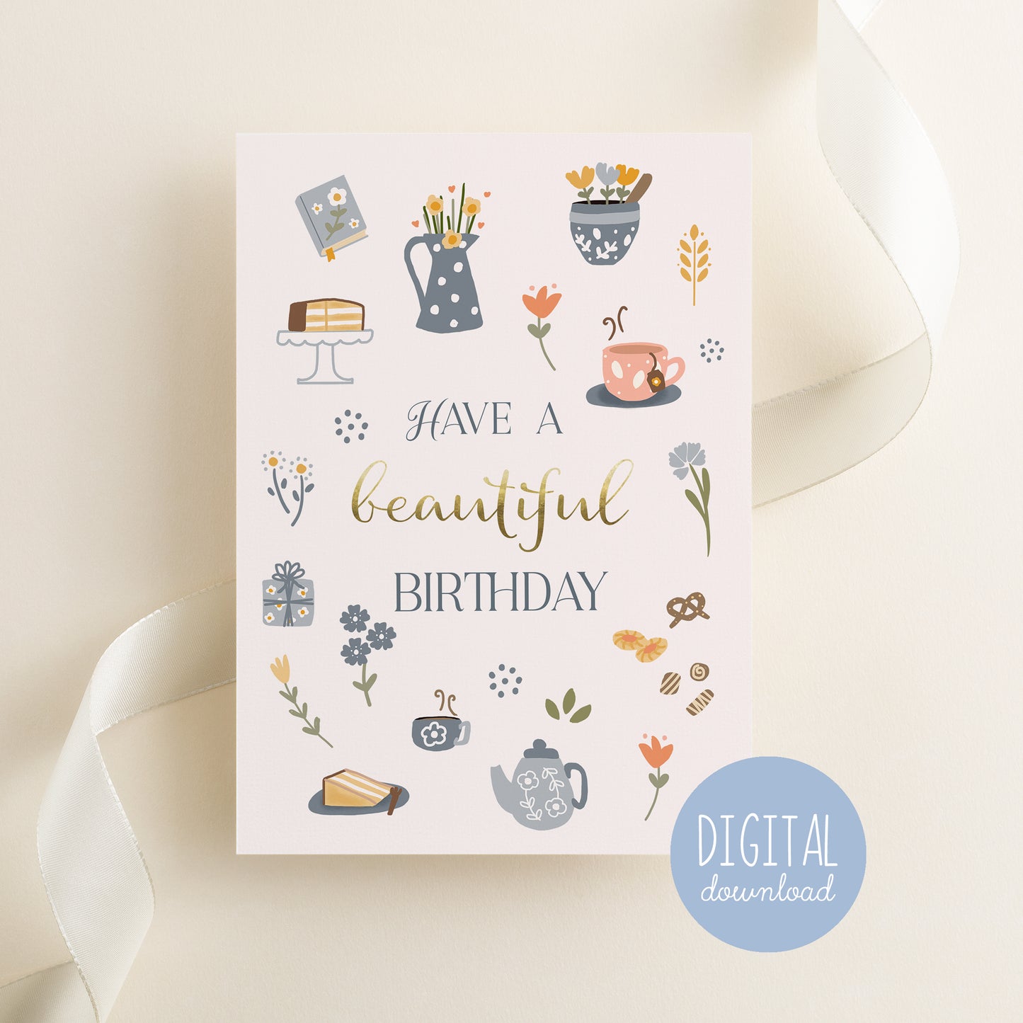 Have a beautiful birthday. A greeting card illustrtaed by international designer kathrin Legg. Featuring hand drawn coffee, cake and high tea buscuits, this lovely birthday card is the perfect gift for her ♥