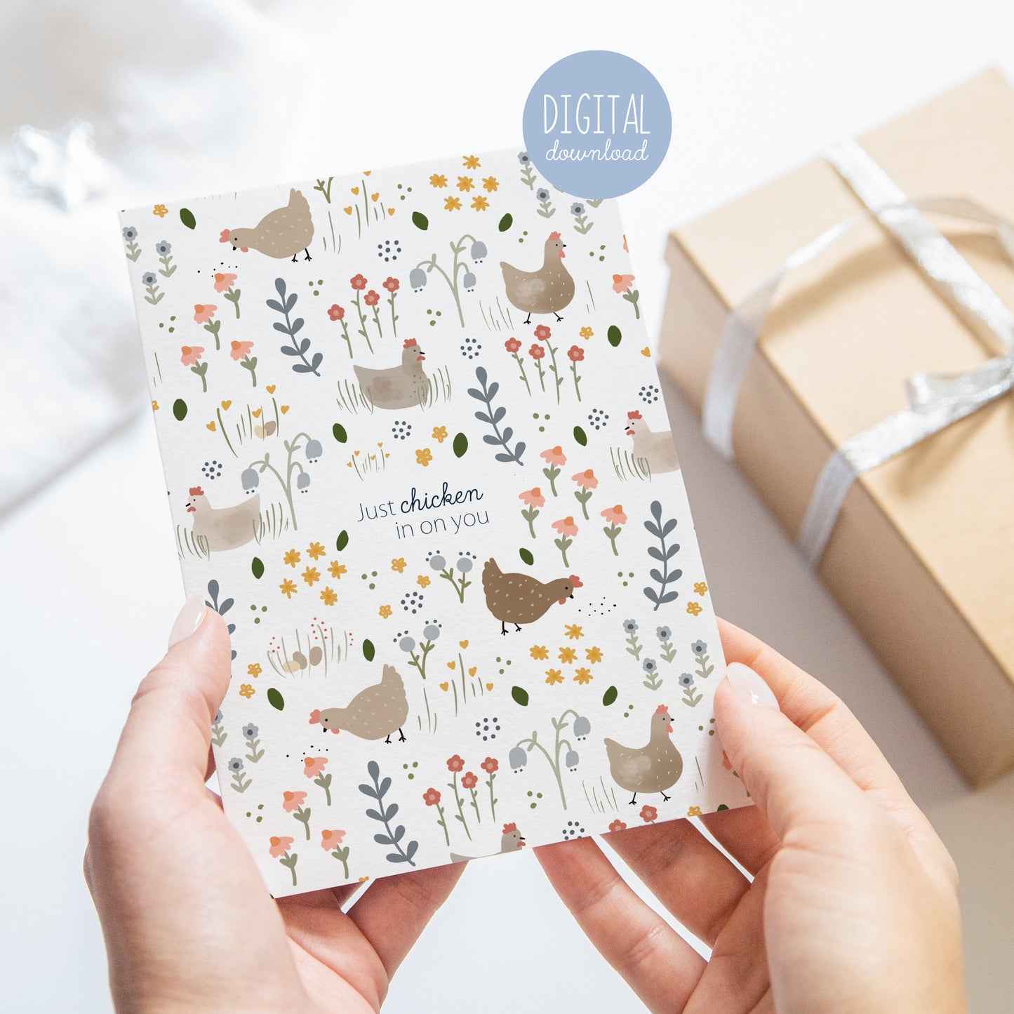 A lovely thinking of you card for all chicken lovers. Kathinr has illustrated a beautiful field of wildflowers and there are chickens roaming, eating and sitting in the field. The words Just Chicken in on You are printed on the card. A lovely thinking of you gift, sympathy card, get well soon card. A peaceful country side feel to the card.