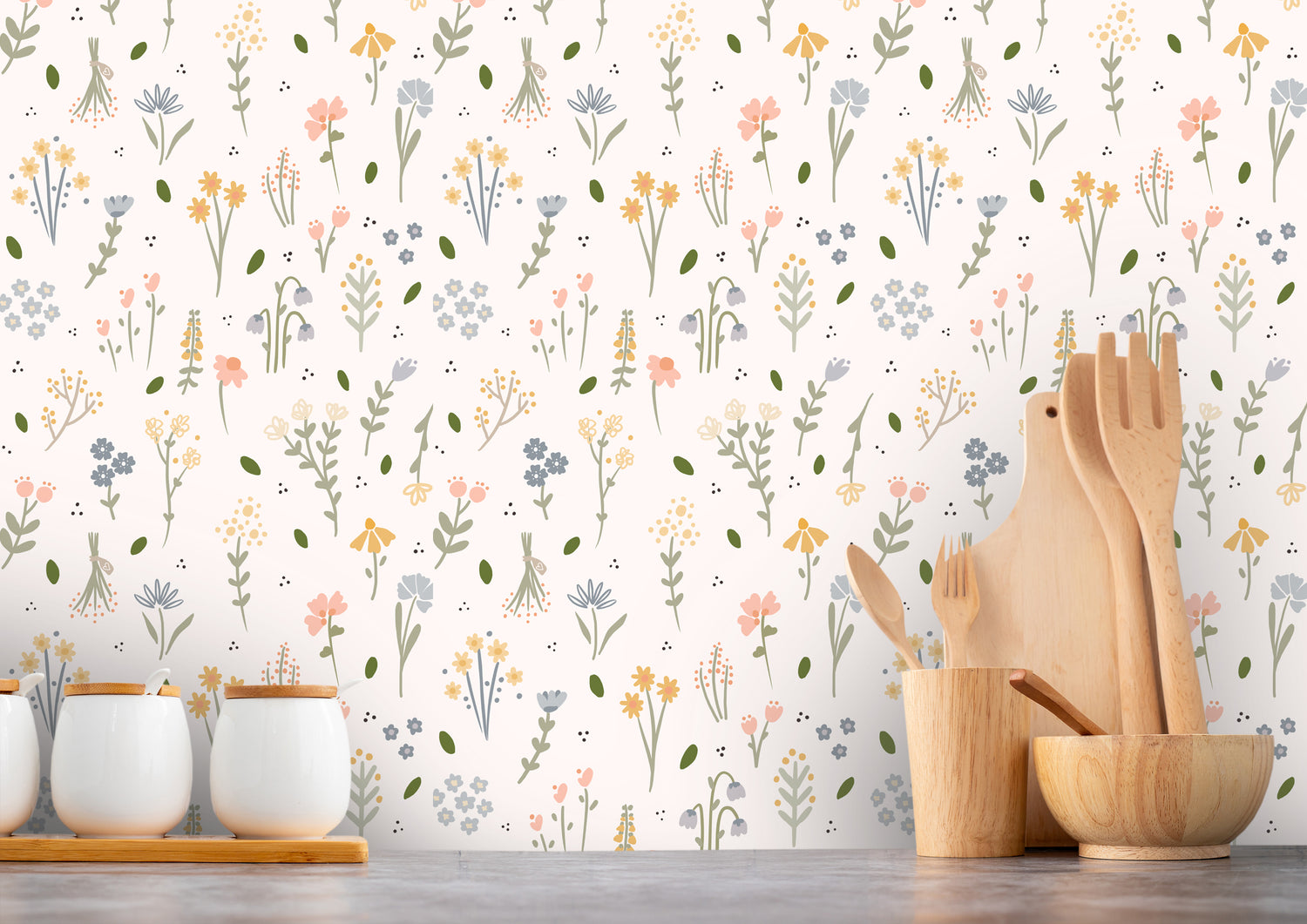 wildflower wallpaper illustrated by Kathrin Legg. A charming, timeless pattern that is available through Spoonflower and Happywall.